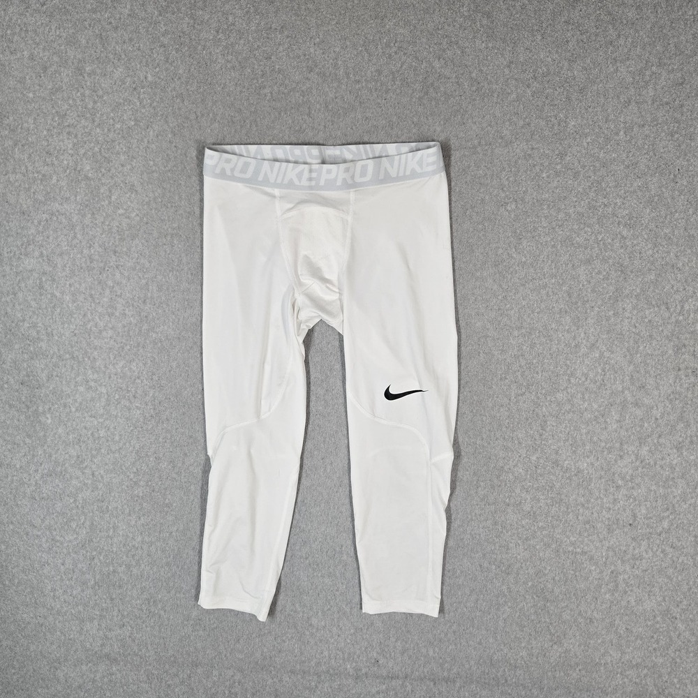 Nike Pro Men Activewear Pants L White Dri-Fit 3/4 Compression Logo Swoosh